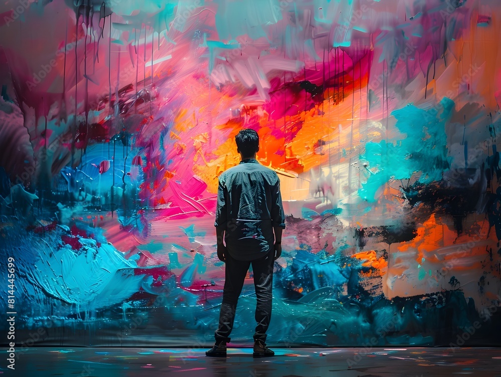 Poster digital paints vivid surreal masterpiece on expansive touch sensitive canvas exploring technology an