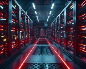 Vast Digital Currency Mining Farm with Rows of Computers Generating Cryptocurrency in High Tech Futuristic Data Center