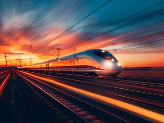 High Speed Bullet Train Gliding Through Vibrant Sunset Countryside Landscape