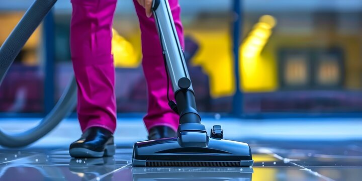 Woman using vacuum cleaner to clean the floor. Concept Household chores, Cleaning tools, Home maintenance, Efficient cleaning habit