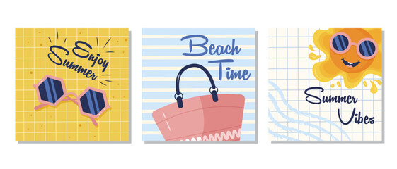 Set of summer posters with beach bag, sunglasses, and smiling sun. The set is great for poster set for social media, web design or print posters. Vector illustration.