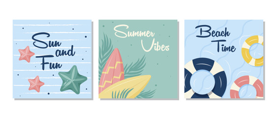 Set of summer posters with beach elements, surfboards, starfishes, and lifebuoys. Design for a vacation poster, travel advertising, or social media post template. 