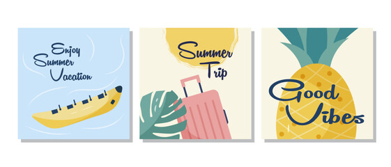 Set of summer vacation posters with a banana boat, pineapple and luggage. Vector illustrations in the style of travel posters or social media post templates, minimalism,  pastel palette, vector.
