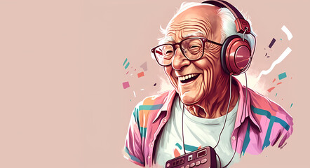 Elderly man enjoying music and laughing. Happy retirement.