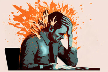 Mental overload. Overwhelmed with work. Office worker head exploding art illustration.