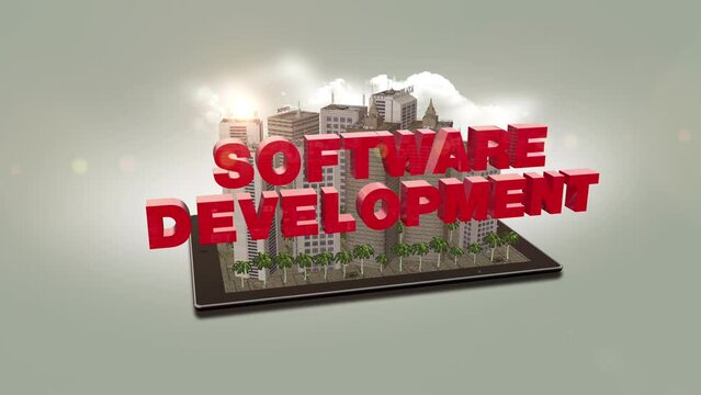Software Development Sign On A Digital Tablet. Smart City. Technology Related 3D Animation.