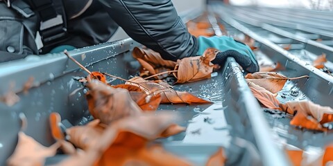 A person cleaning gutters by removing leaves and debris. Concept Home maintenance, Cleaning, Outdoor chores, Autumn leaves, Gutter cleaning