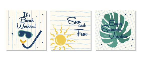 Set of summer posters with the sun, monstera leaf, and scuba mask on a white background. 