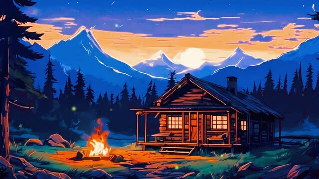 A rustic cabin in the mountains surrounded by pine trees and a crackling campfire, 2D flat Japanese anime-style 4k lofi hip-hop bites landscape music background animation video