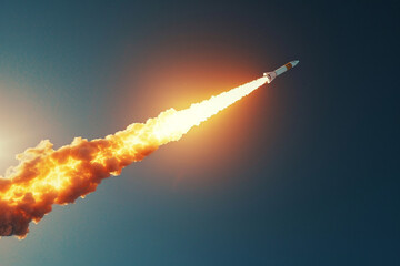 A captivating image showcasing the thrilling moment of a space exploration rocket launching from Earth, with a fiery trail behind it against the backdrop of a clear blue sky 