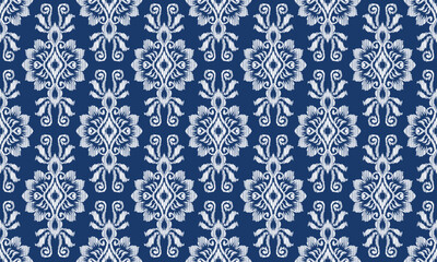 Hand draw Ethnic fabric pattern .Ikat embroidery Ethnic oriental Pixel pattern blue background.great for textiles, banners, wallpapers, wrapping vector design.