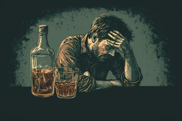 Alcohol addiction. A man is drinking whiskey at a table