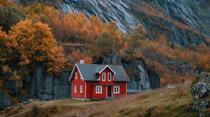 Casa Roja en Paisaje Aislado: Monta&ntilde;as del Norte de Europa
