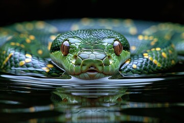 Fototapeta premium Green Anaconda: Swirling in water with coils visible, representing aquatic lifestyle.