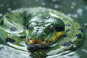 Green Anaconda: Swirling in water with coils visible, representing aquatic lifestyle.