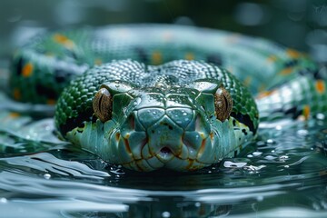 Fototapeta premium Green Anaconda: Swirling in water with coils visible, representing aquatic lifestyle.