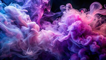 A captivating swirl of colored smoke creates an abstract composition, blending vibrant blue, purple, and pink hues against a dark background, suggesting fluid motion and ethereal beauty.