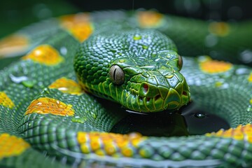 Fototapeta premium Green Anaconda: Swirling in water with coils visible, representing aquatic lifestyle.