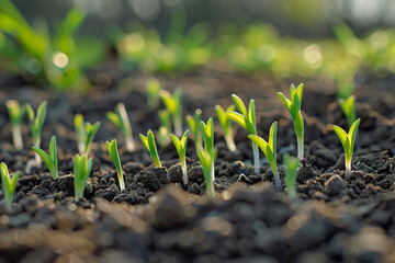A close-up of vibrant green seedling sprouts emerging from rich soil, symbolizing new growth and the beginning of spring 