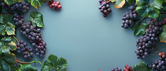 Design a CG 3D rendering of a top-down view of grapevine leaves intertwined with ripe grapes,...