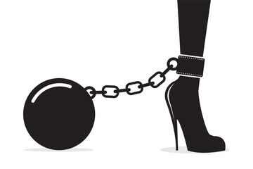 Female leg in chain and shackles isolated on white background. Silhouette of woman leg with heavy ball. Domestic violence, abuse, inequality and business discrimination