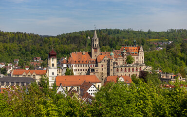 Obraz premium Blick auf die Kirche St. Johann in Sigmaringen vom Josefsberg im oberen Donautal.