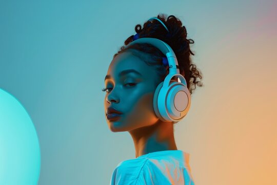 Beauty black woman with headphones in soft and plain gradient blue and gold background