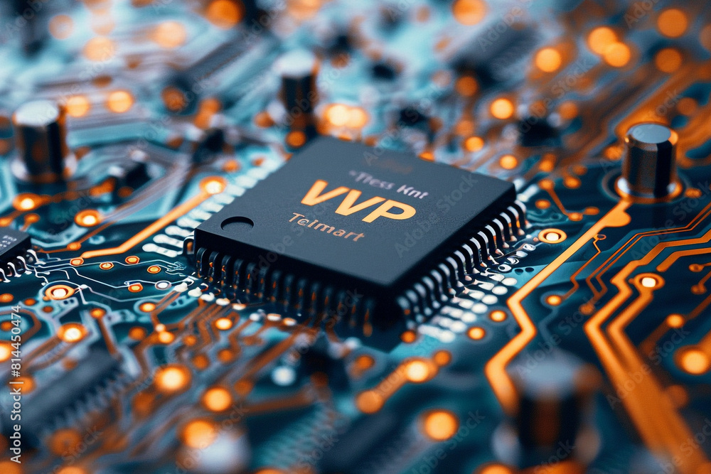 Poster a close-up view of an electronic microchip circuit board with the acronym vpn visibly printed on its