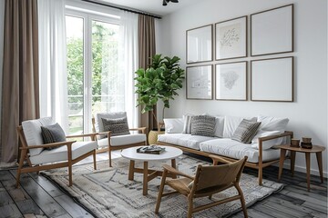 Fototapeta premium Modern White Living Room featuring Empty Picture Frame Design Template