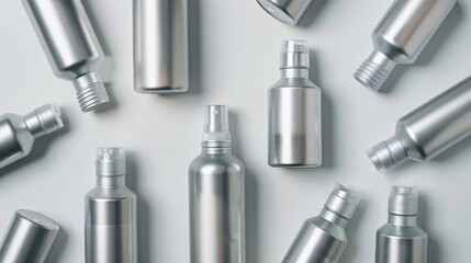 Studio-lit, clean view of aluminum spray bottles for deodorant, captured from above on a pristine background, clarity and focus emphasized