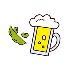 枝豆とジョッキに入ったビールのイラスト　白い背景に分離されたフラットなベクター素材