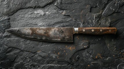 Rustic kitchen knife resting on a black stone table, close-up view with studio lighting, isolated background for sharp advertising imagery