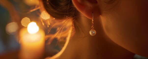 Pearl earrings on an ear, illuminated by the soft glow of candlelight, conveying a sense of romance and classic sophistication