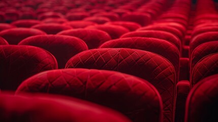 Fototapeta premium Plush red theater seats, captured up close in neat rows with a focus on clarity, isolated background and studio lighting for ads