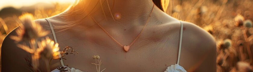 Neck with a delicate heart pendant, photographed during a sunset, the golden light casting a warm glow that echoes the warmth of love