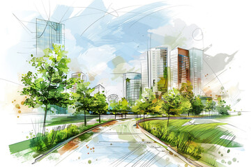 A concept of sustainable urban planning, featuring a green park zone project sketch The importance of integrating green spaces into urban developments for a sustainable future 