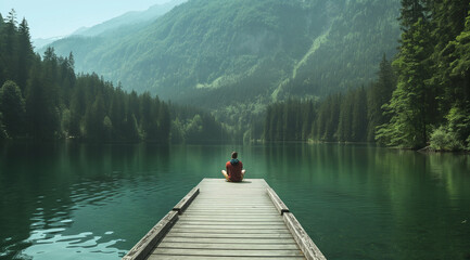 Man sitting on a tranquil wooden pier overlooking a serene forest lake, reflecting on solitude and nature’s peace - AI generated
