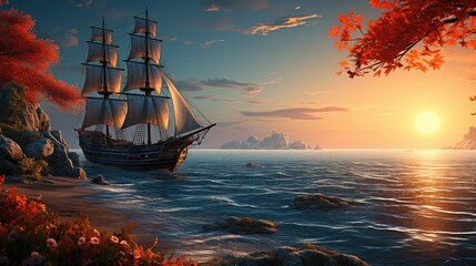 Obraz premium Serene Sunset Scene with Wooden Ship
