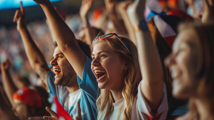 Happy fans cheering at stadium. Group of excited young sport enthusiasts supporting their favorite athlete and sport team at championship or Olympic games. People standing and yelling with their arms