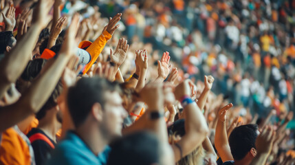 Happy fans cheering at stadium. Group of excited young sport enthusiasts supporting their favorite athlete and sport team at championship or Olympic games. People standing and yelling with their arms