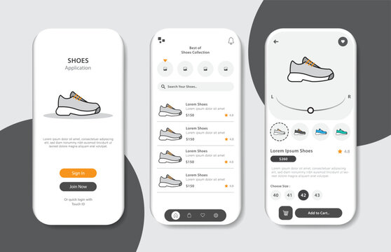 Online shoe store design for mobile applications. Shoe purchasing platform screen. Graphical user interface for responsive mobile applications