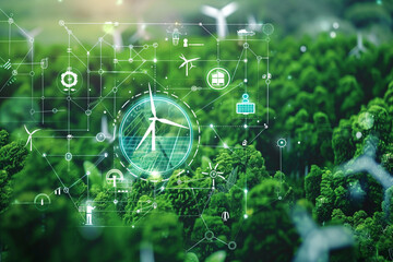 A conceptual image showcasing the integration of green energy solutions and sustainable power engineering, with symbols like wind turbines, solar panels, and eco-friendly technology 