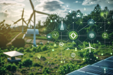 A conceptual image showcasing the integration of green energy solutions and sustainable power engineering, with symbols like wind turbines, solar panels, and eco-friendly technology 