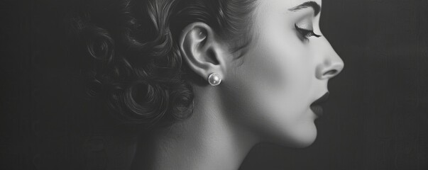 Elegant ear adorned with classic pearl earrings, set against a vintage black and white photo background to emphasize timeless beauty
