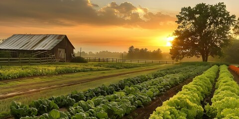 Sunlit CSA farm with organic produce and community involvement in serene setting. Concept Organic Farming, Community Involvement, Sunlit Setting, Serene Environment, Fresh Produce