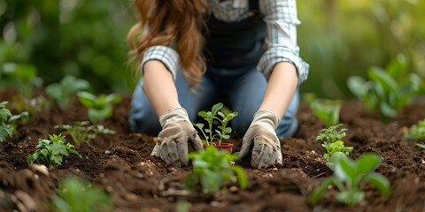 Woman caring for garden beds to promote healthy plant growth. Concept Gardening Tips, Plant Care, Garden Beds, Healthy Growth, Woman Gardener