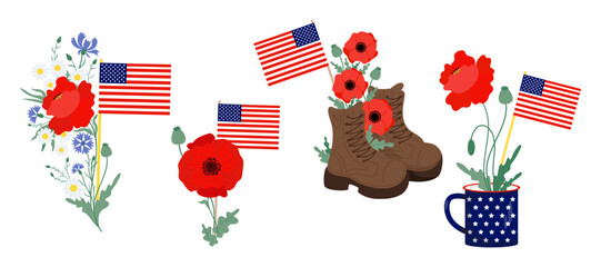Memorial Day. American flag with red poppies flowers , military veteran boots and patriotic cup. Collection of isolated symbols for design national traditional holidays. Vector illustration