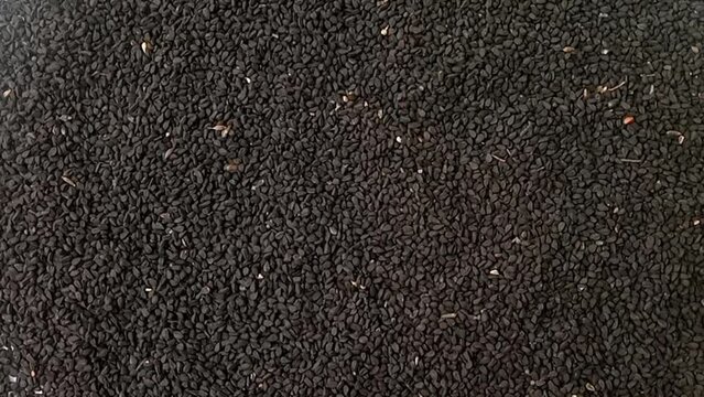 Black cumin seeds or black caraway seeds rotating full frame background, top view looped spinning, close up, herbs and spices