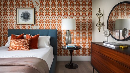 A bedroom with a bold, patterned wallpaper, a sleek dresser, and a modern table lamp