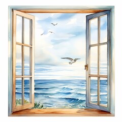 An open window overlooking a sea watercolor clipart illustration on white background